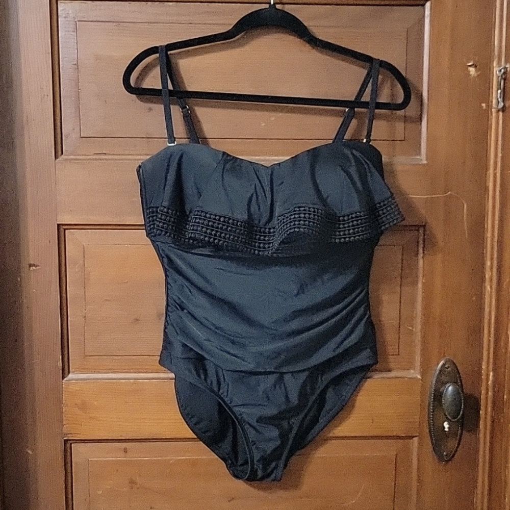 Black ruffle top ruched one piece